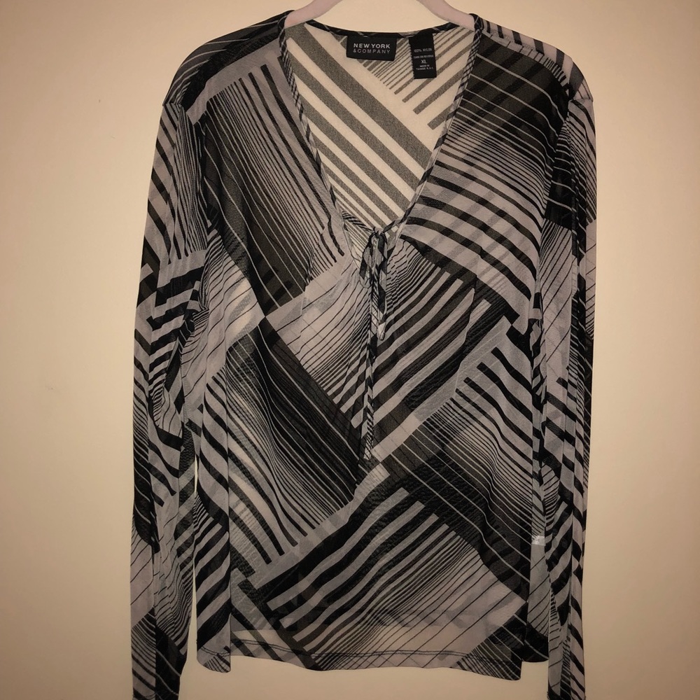 SALE! Diagonal striped sheer top with v-neck tie.